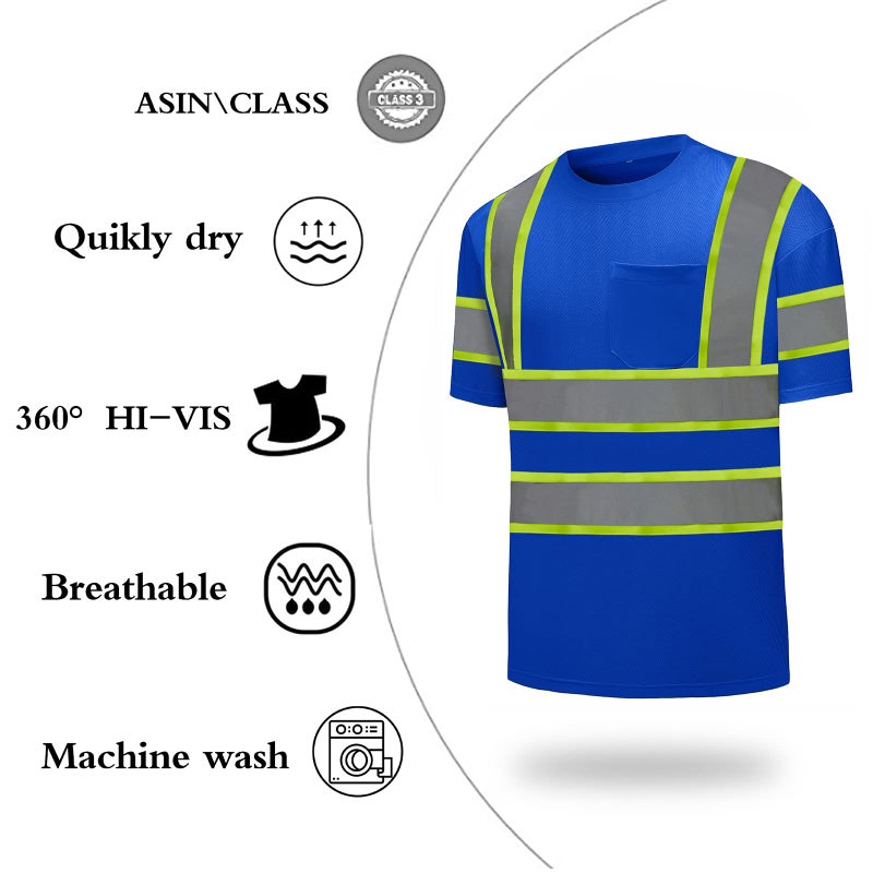 DPSAFETY High Visibility Shirts Quick Dry Safety T Shirts with Reflective Strips and Pocket Short Sleeve Mesh Hi Vis Construction Work Class 2 Shirt for Men/Women Blue,Small - Image 3